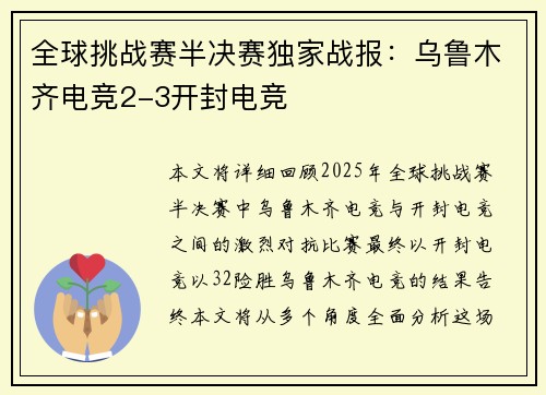 全球挑战赛半决赛独家战报:乌鲁木齐电竞2-3开封电竞
